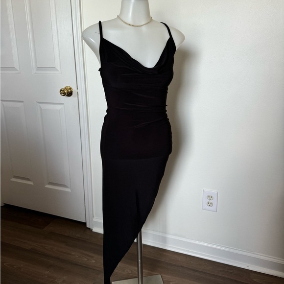 Y2k style asymmetrical black bodycon waterfall dress small - Picture 1 of 7